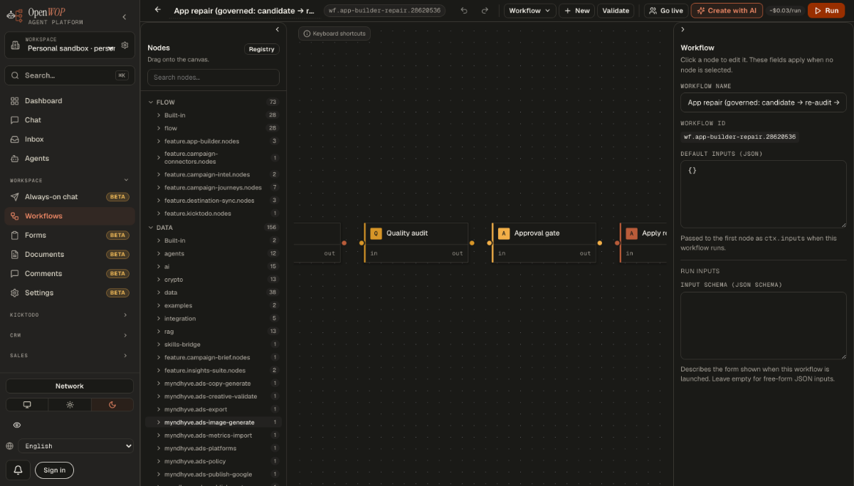 An OpenWOP workflow editor in dark mode: the node pack catalog on the left, open to its Flow group (73 nodes across Built-in, flow and six feature families) and its Data group (156 nodes across agents, AI, crypto, data, RAG, integration and vendor packs); the canvas in the centre zoomed in on the governed App-repair chain — Quality audit, Approval gate, Apply repair — each node showing its labelled in and out ports, with the nodes at either end cropped by the zoom; and the Workflow inspector on the right with the workflow name, id and default-inputs JSON.
